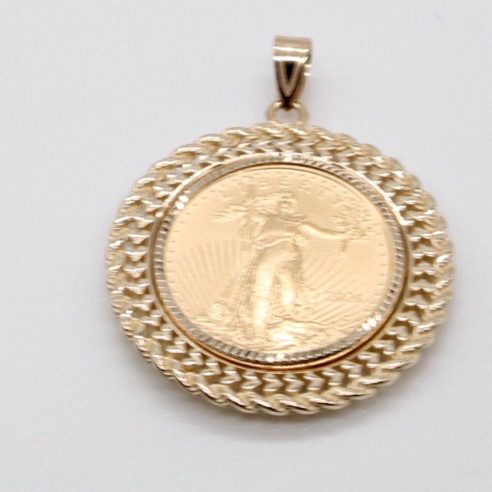 New 14k Gold Double Row Diamond Cut Bezel With 1/4oz American Eagle Coin - Picture 2 of 15